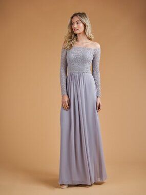 Gray Long Sleeve Lace & Chiffon Bridesmaid Dress Off Shoulder B2 Jasmine